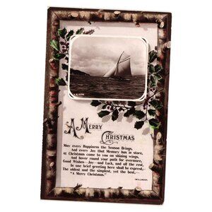 Antique Rotary Photographic Merry Christmas Postcard Birch Border Sailing Scene